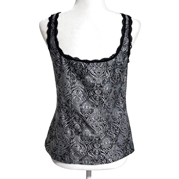 Y2K White House Black Market Whimsigoth Silver & Black Lace Trim Tank Top Corset - Picture 7 of 8